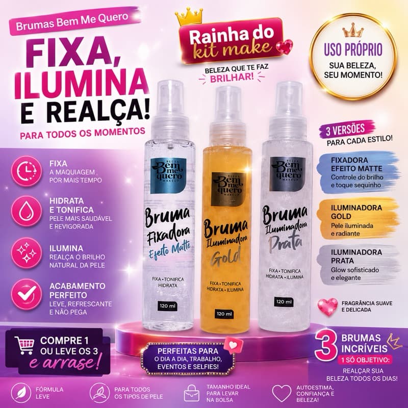 Kit 3 Bruma Bella Bem Me Quero ou Unidade 120ml Prata Gold Matte Iluminadora Fixadora Atacado Revenda