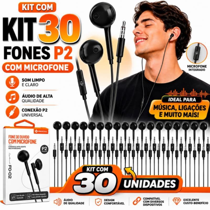 Kit Fones de Ouvido P2 com Microfone – Som Estéreo para Celular Notebook PC Barato