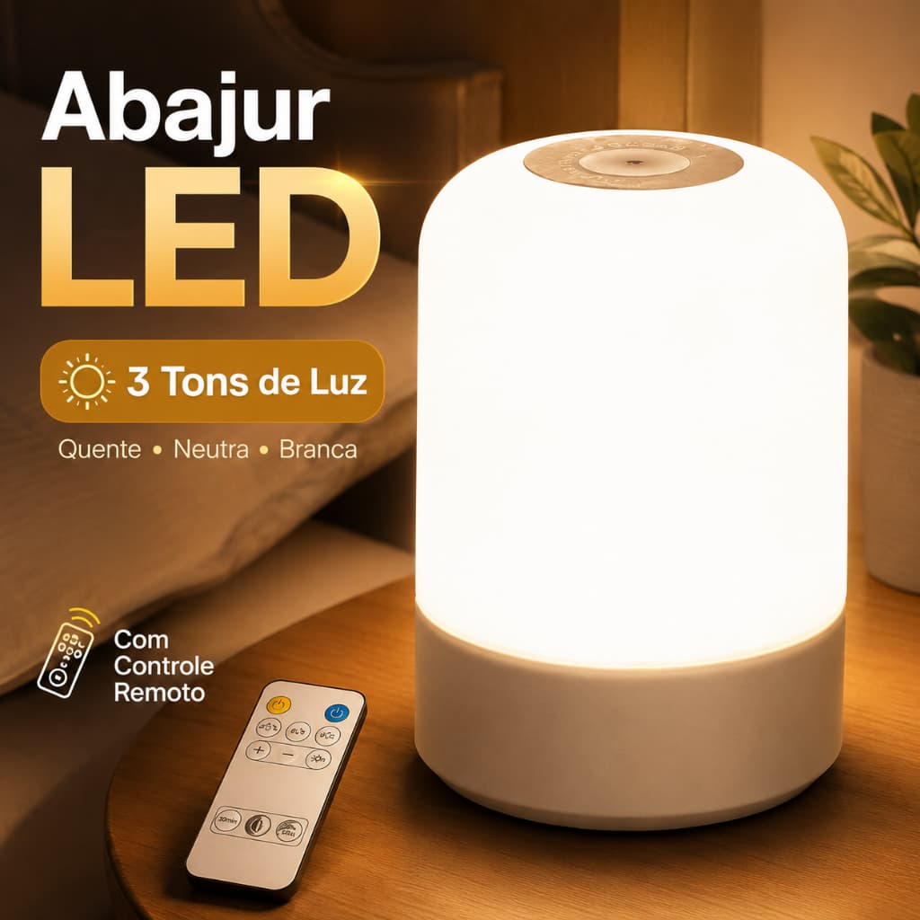 Abajur LED com Controle Remoto 3 Tons de Luz Luminária de Mesa para Quarto