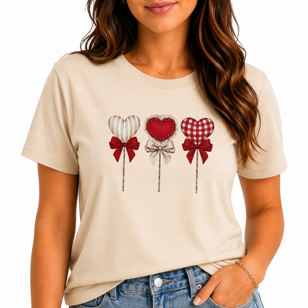 Camiseta Feminina Corações Delicados com Laços Estampa Romântica 100% Algodão Casual Envio Rápido