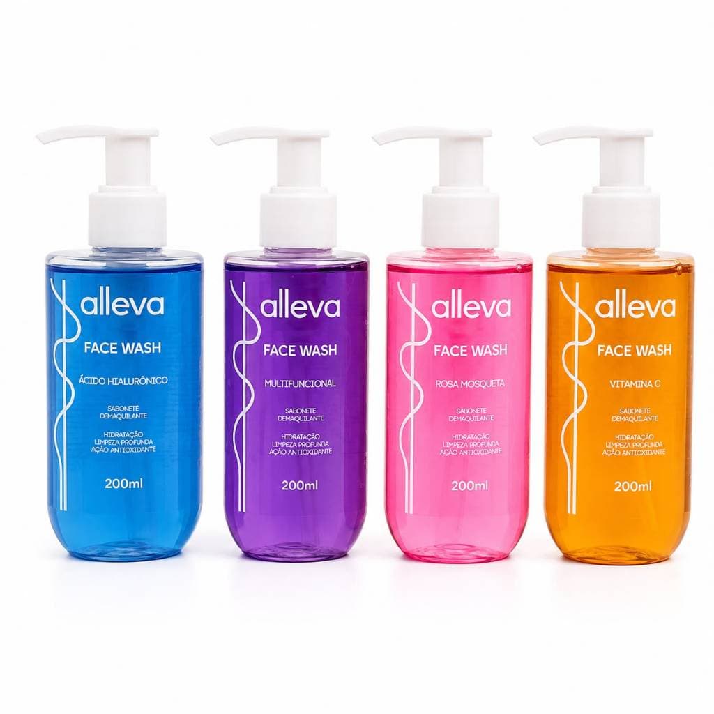 Sabonete Facial demaquilante Alleva Face Wash 200ml – Ácido Hialurônico, Vitamina C, Rosa Mosqueta ou Multifuncional