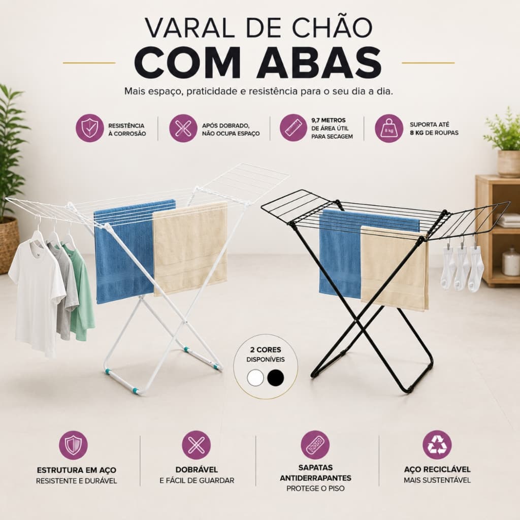Varal de Chão com Abas em Aço Dobrável 9,7m Suporta Até 8kg Branco ou Preto