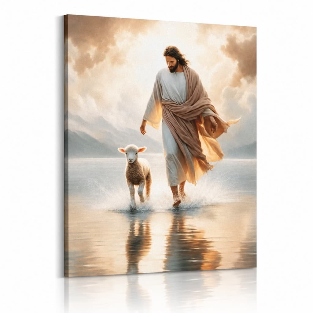Quadro decorativo Grande Religioso Jesus Cristo e ovelha