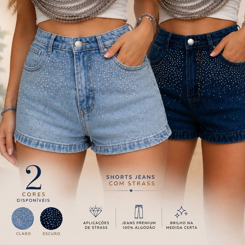 Short Jeans Feminino com Aplicação de Strass | Cintura Alta