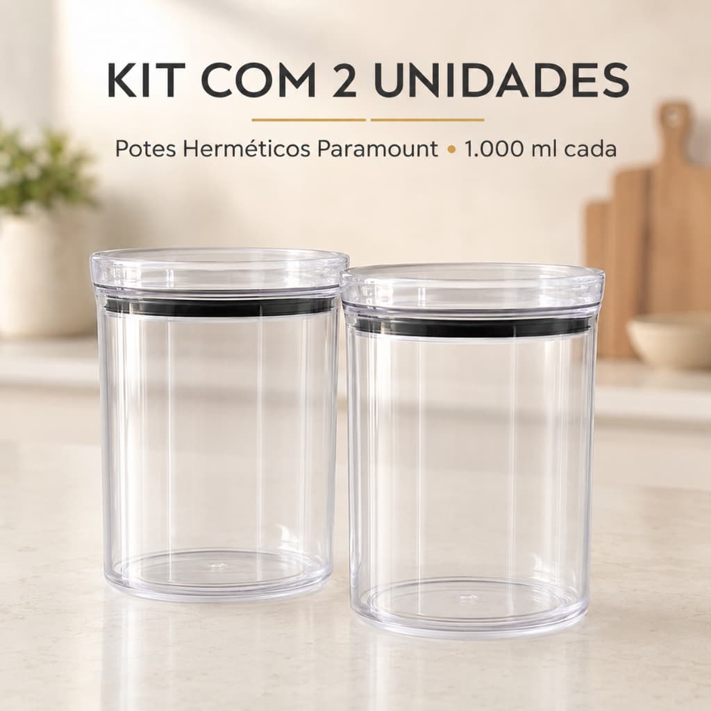 Kit 2 Potes Herméticos Paramount Lumini Redondos 1 Litro – Transparente com Tampa e Vedação
