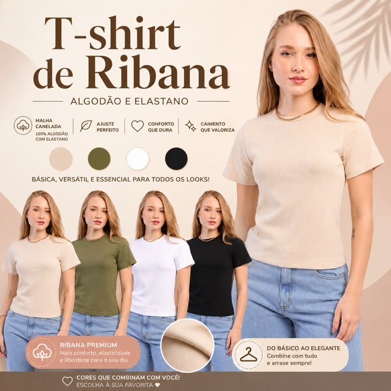 T Shirt Ribana canelada manga gola redonda femininas algodão blusa camiseta básica lisa preta branca nude