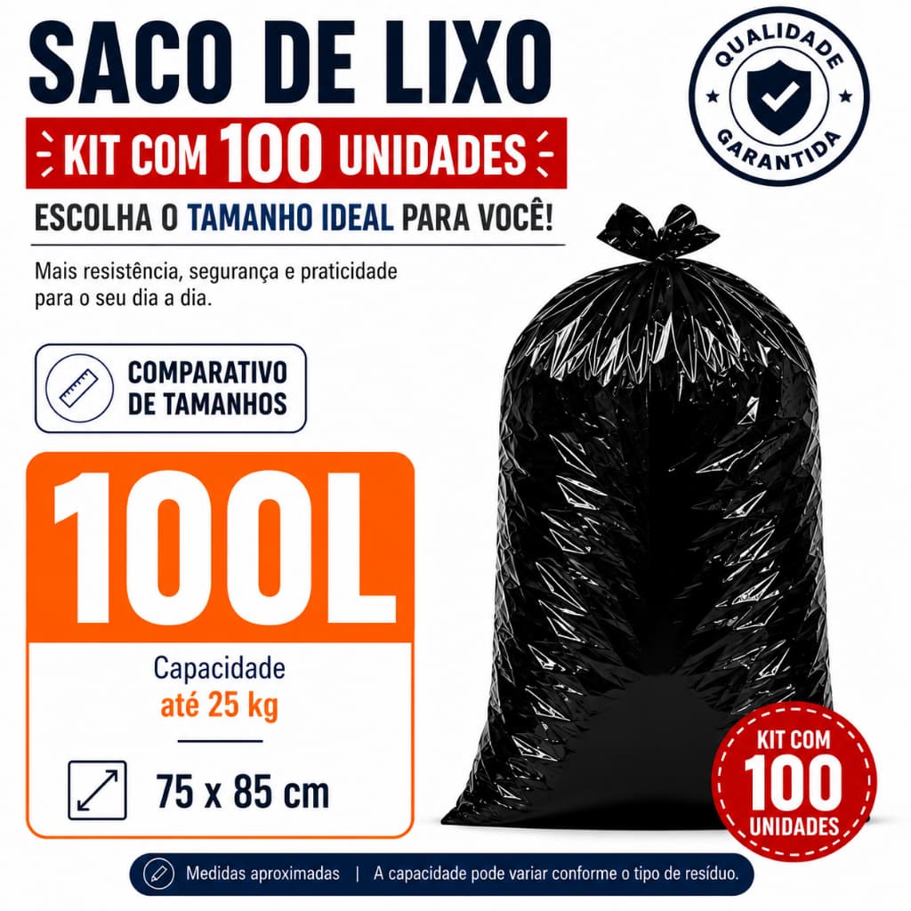 Kit com 100 Sacos de Lixo Plástico Preto Reforçado 100 Litros – Alta Resistência, Qualidade e Durabilidade