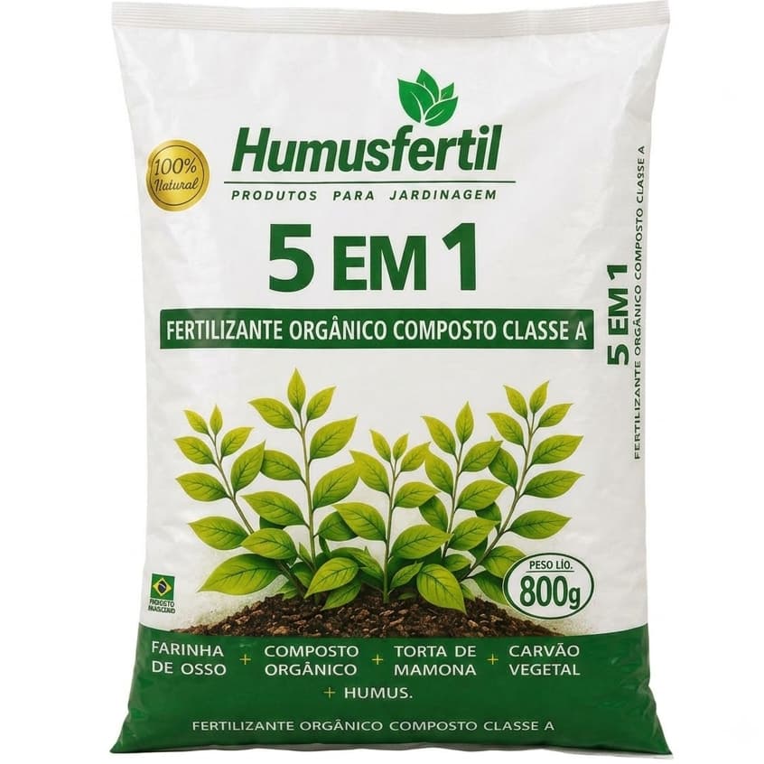 Fertilizante 5 em 1 Orgânico Classe A 800g Adubo Completo para Plantas, Flores, Hortas e Jardim