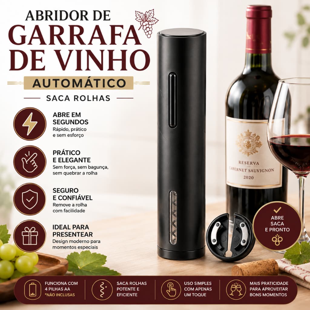 Abridor de Garrafa Vinho Recarregável Automático Elétrico Saca Rolhas a Pilha com Cortador de Lacre Preto