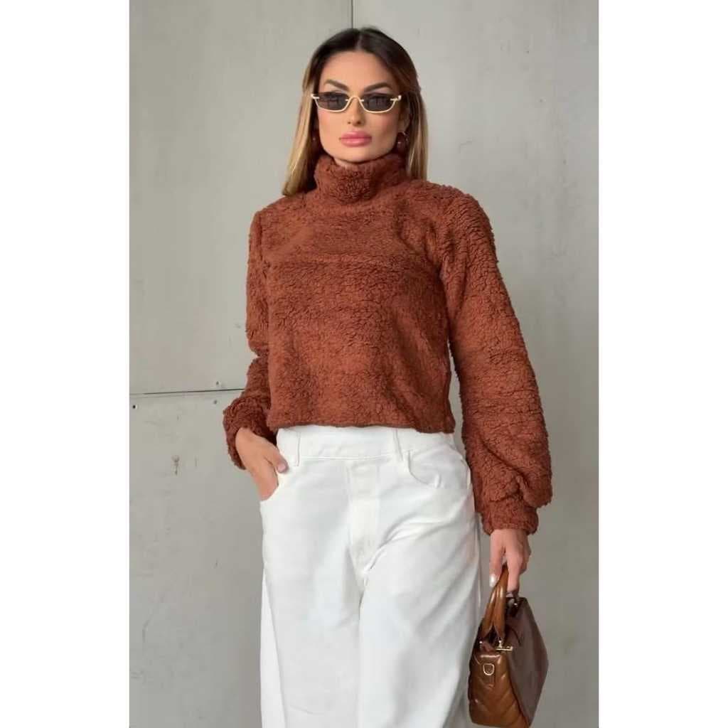Blusa Feminina Teddy Peluciada Gola Alta Manga Longa Inverno Quentinha