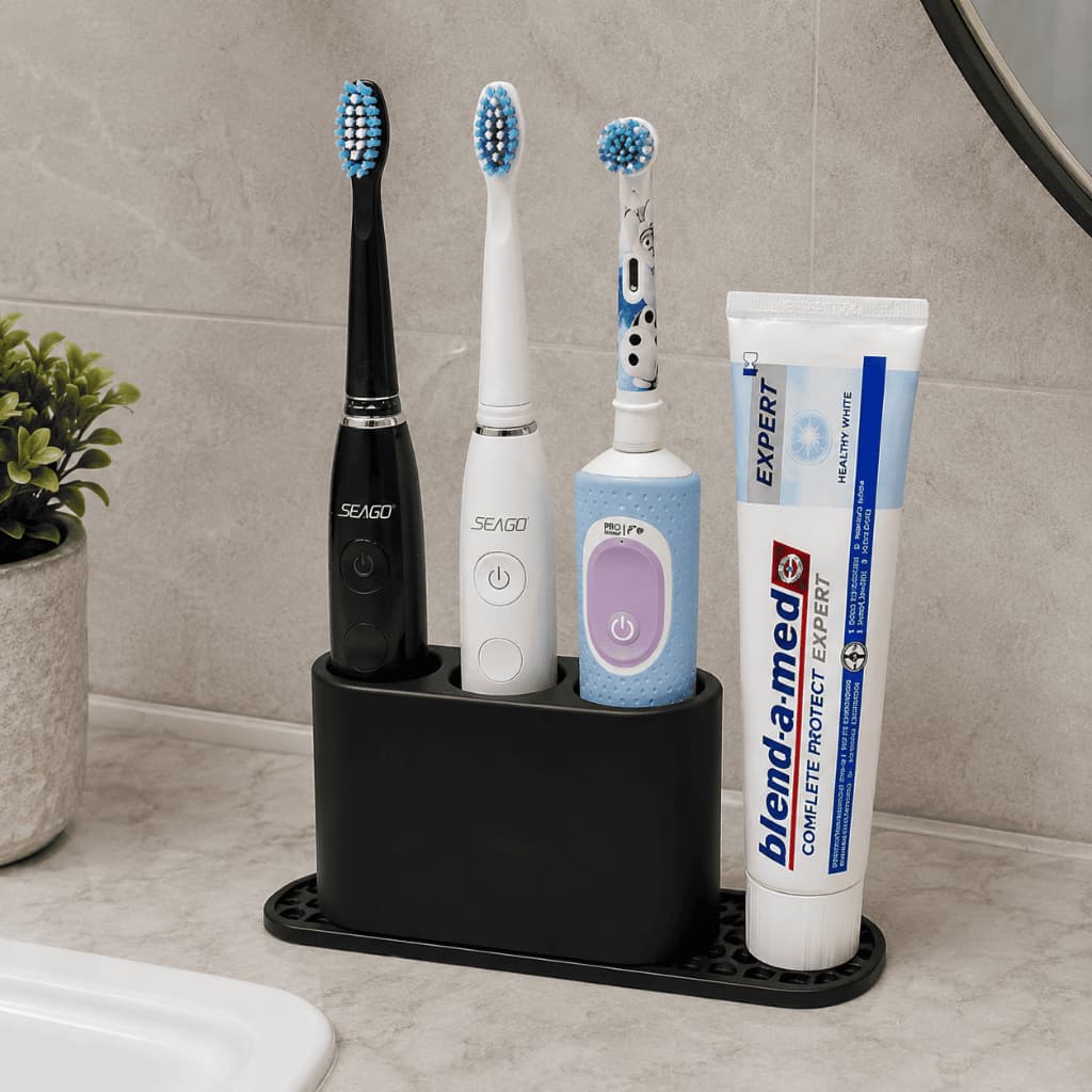 Suporte Triplo Porta Escova de Dente e Pasta Organizador de Banheiro com Bandeja Preto Branco
