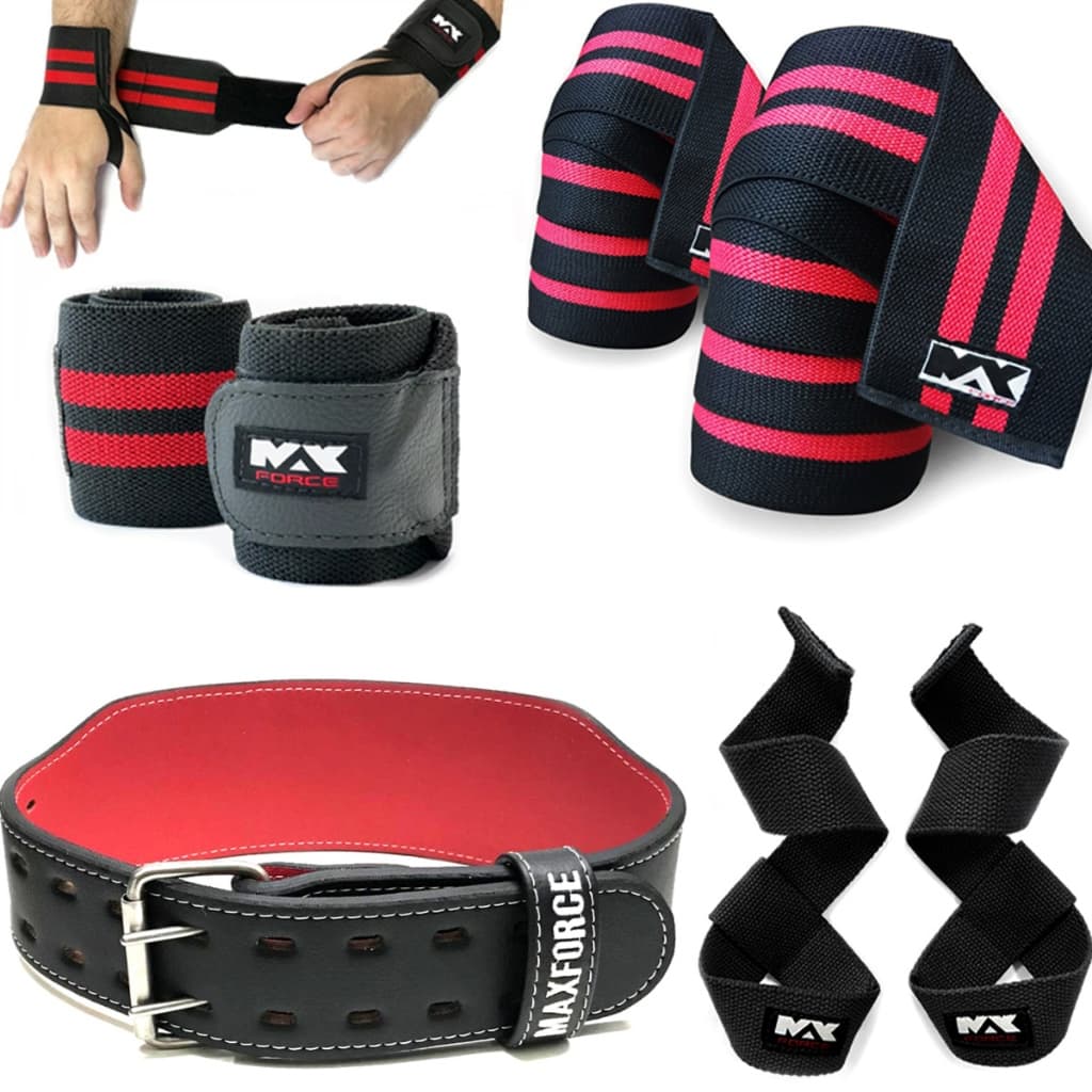 Cinturão Couro + Faixa de Joelho 2m + Munhequeira 30cm + Fita Strap Academia Max Force