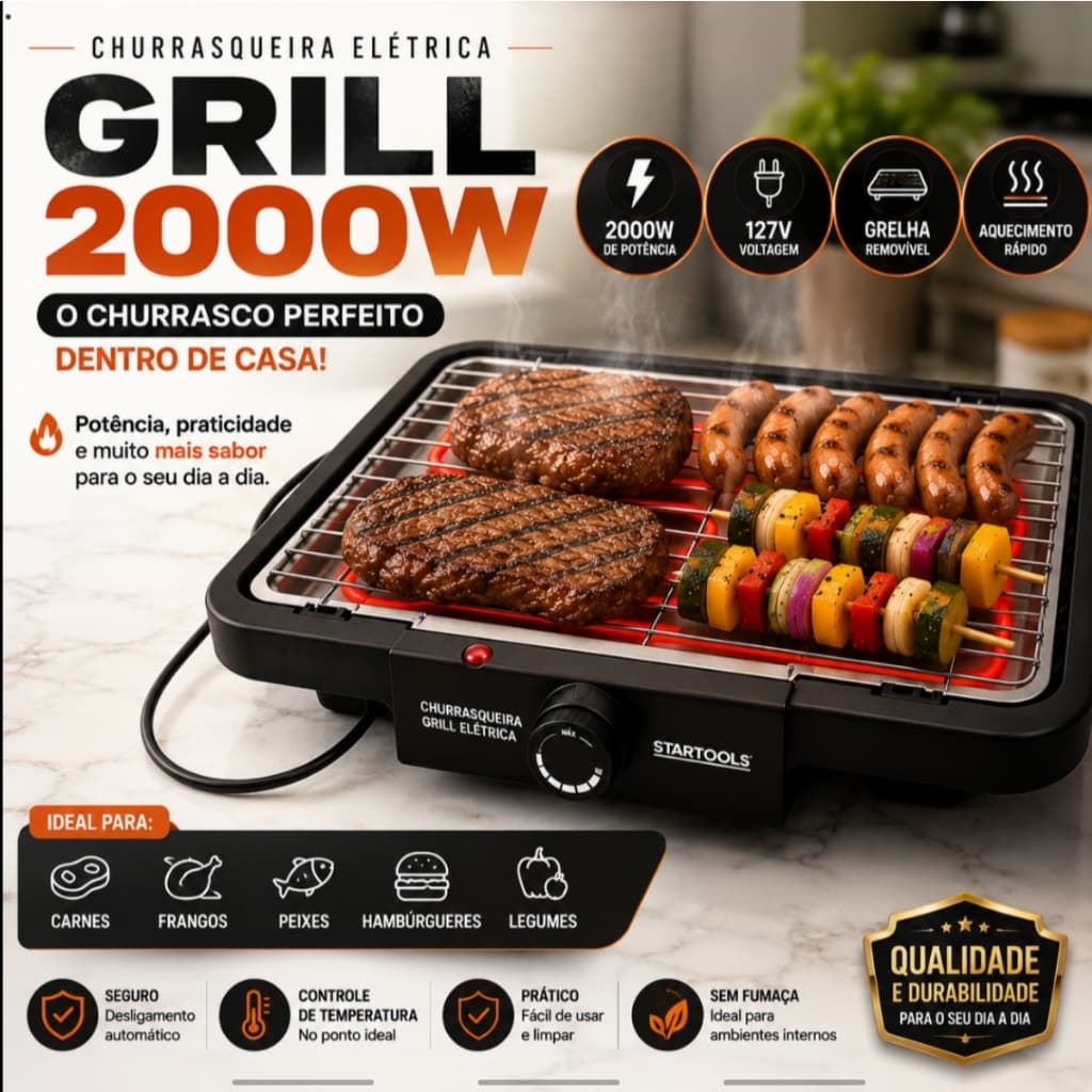 Churrasqueira Elétrica Grill 127V 2000W com Grelha Removível Preta Compacta para Carnes, Frangos, Peixes e Legumes