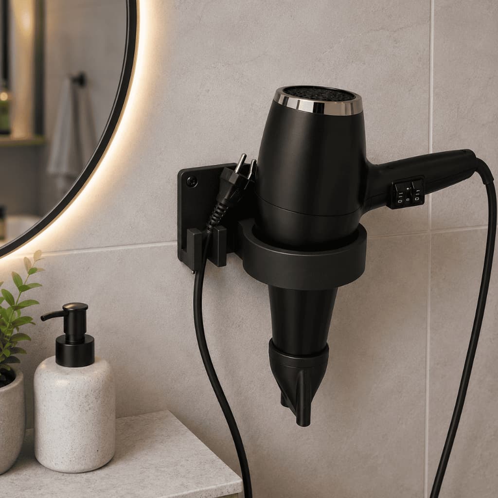 Suporte Secador De Cabelo Parede Adesivo Dupla Face Banheiro Organizador De Cabo Sem Furo Prático Preto e Branco