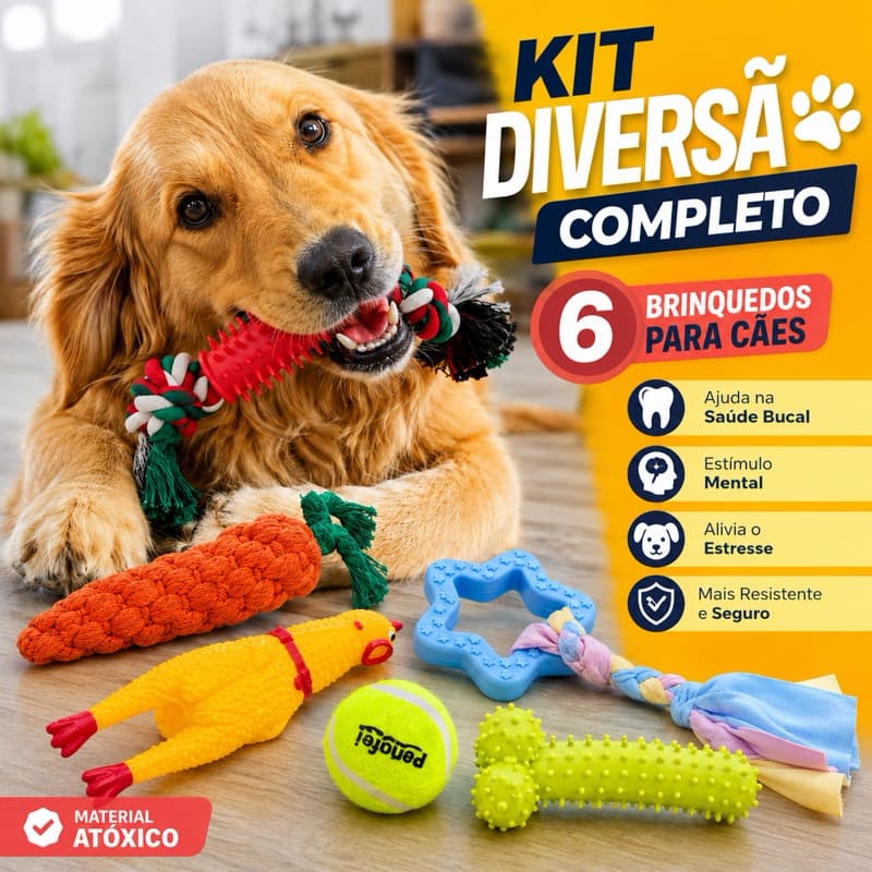 Kit 6 Brinquedos Cachorro Mordedor Interativo Resistente Limpa Dentes Corda Bolinha Filhote e Adulto