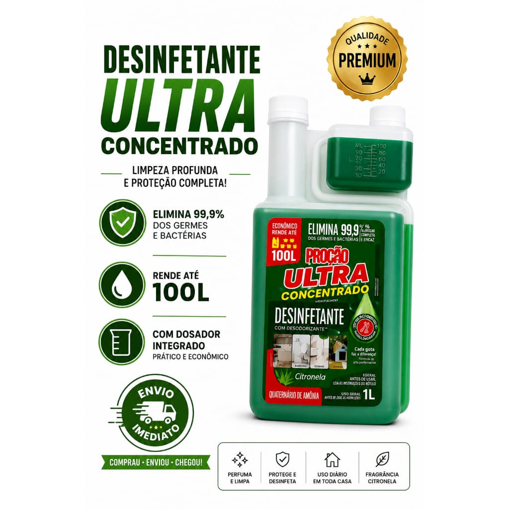 Ultra Desinfetante Concentrado Bactericida de Citronela 1L - Rende até 100 Litros