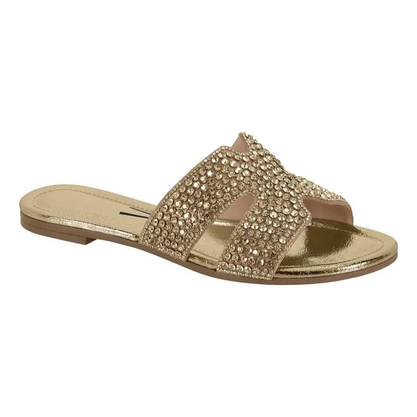 Rasteira Metalizada Vizzano Flat Strass Brilho Original Casual Pedraria Calce Fácil Leve