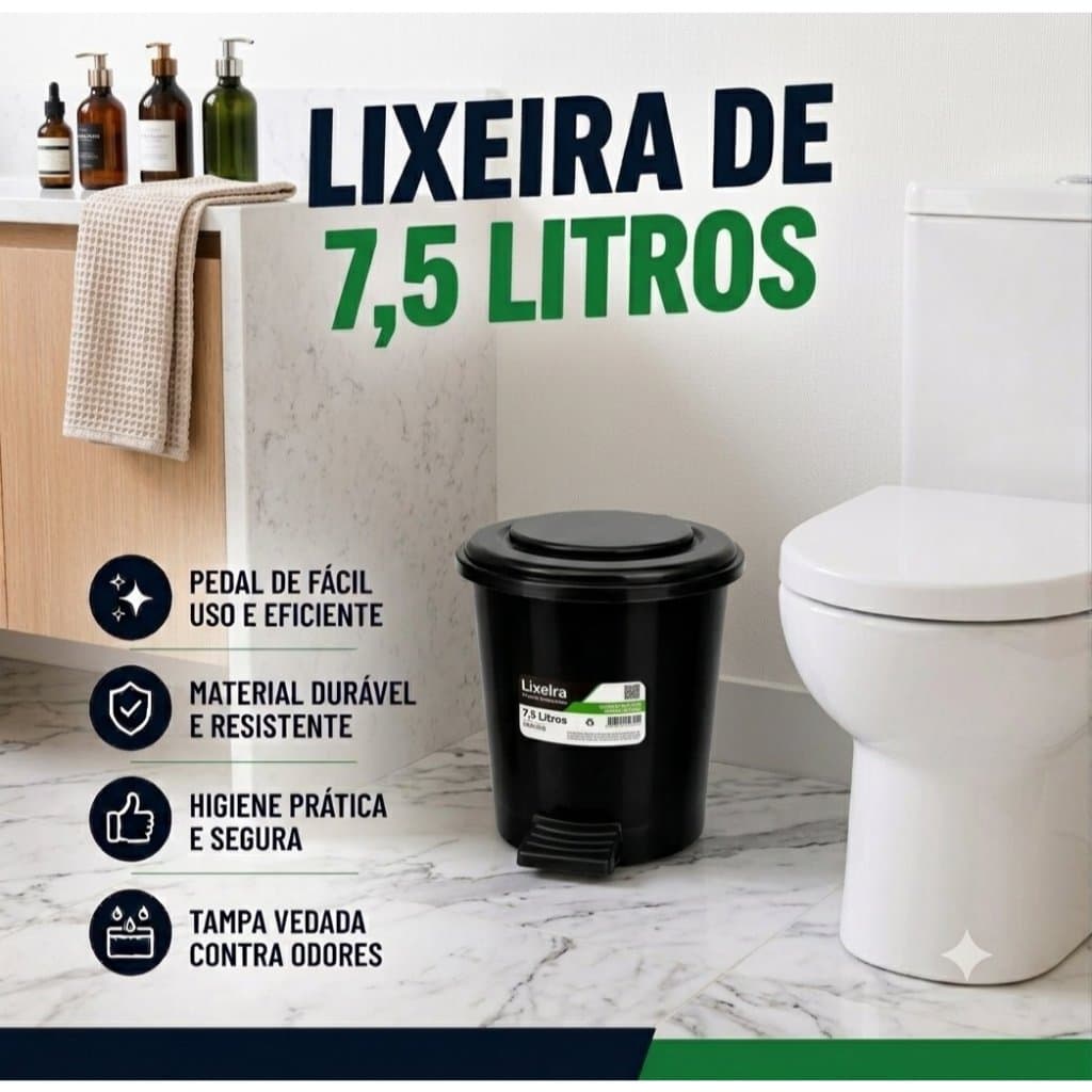 LIXEIRA BANHEIRO COM PEDAL 7,5 LITROS REFORÇADA PRÁTICA TAMPA VEDADA ANTI ODOR LIXEIRA COZINHA ESCRITÓRIO BANHEIRO Pia