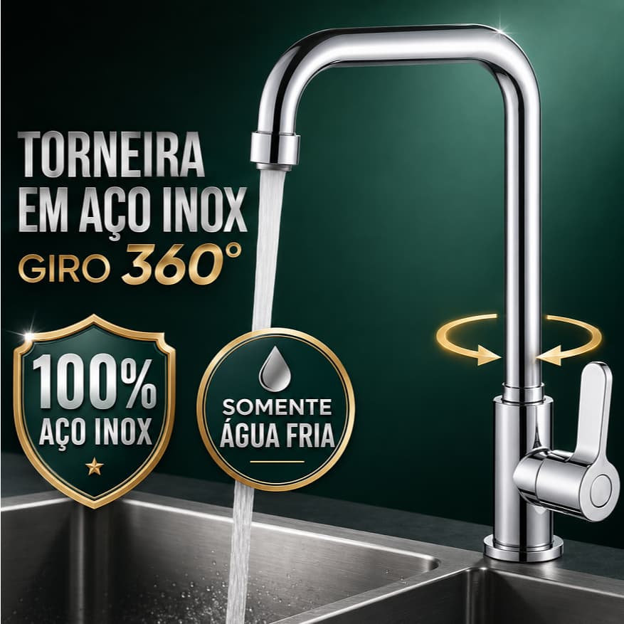 Torneira Cozinha Aço Inox 360° Bica Alta Giratória para Pia Bancada Lavanderia Área Gourmet Água Fria