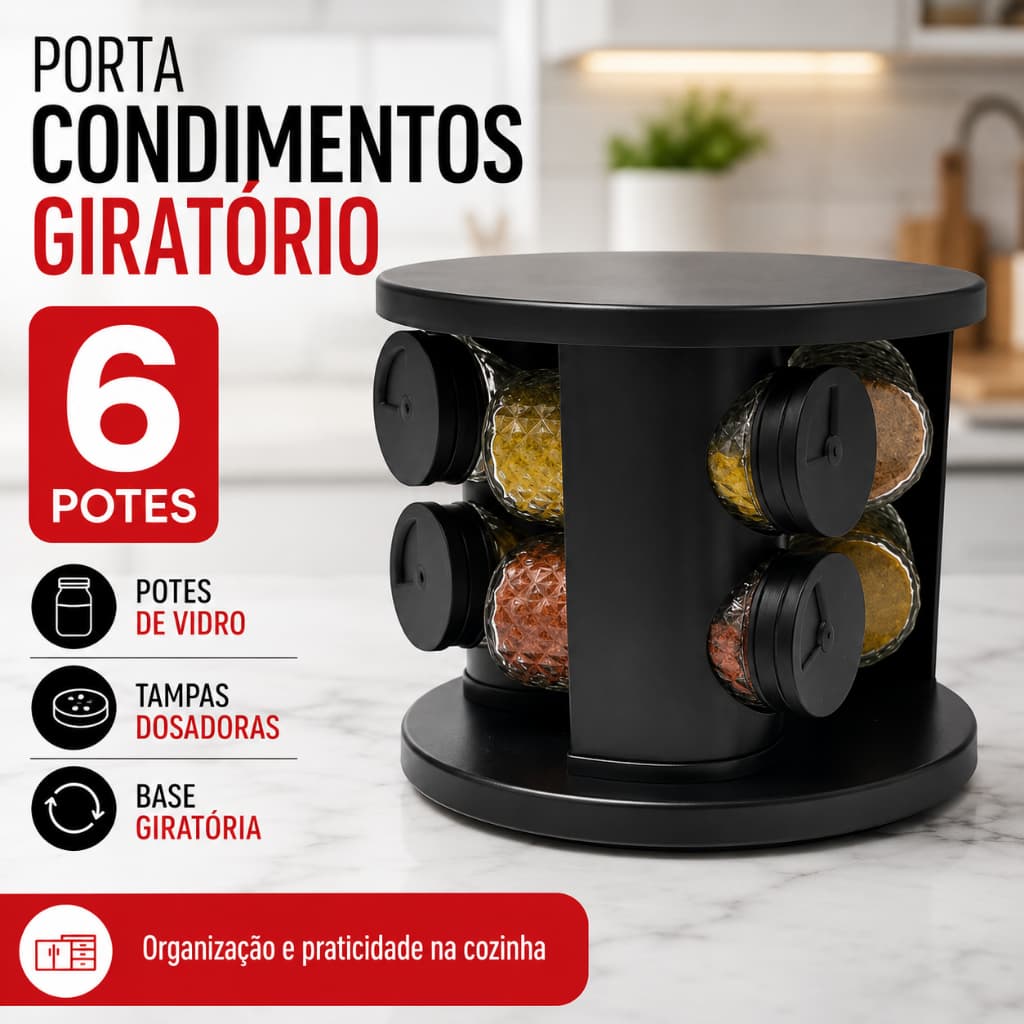 Porta Condimentos Giratório 6 Potes de Vidro com Tampa Dosadora Organizador de Temperos