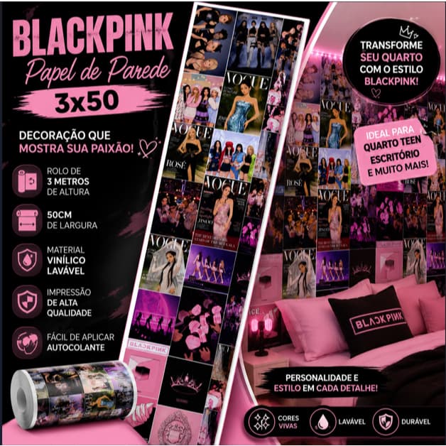 Papel de Parede BLACKPINK Kpop Quarto Teen Decorativo Autocolante 3x50 Colorido Preto Branco Decoração