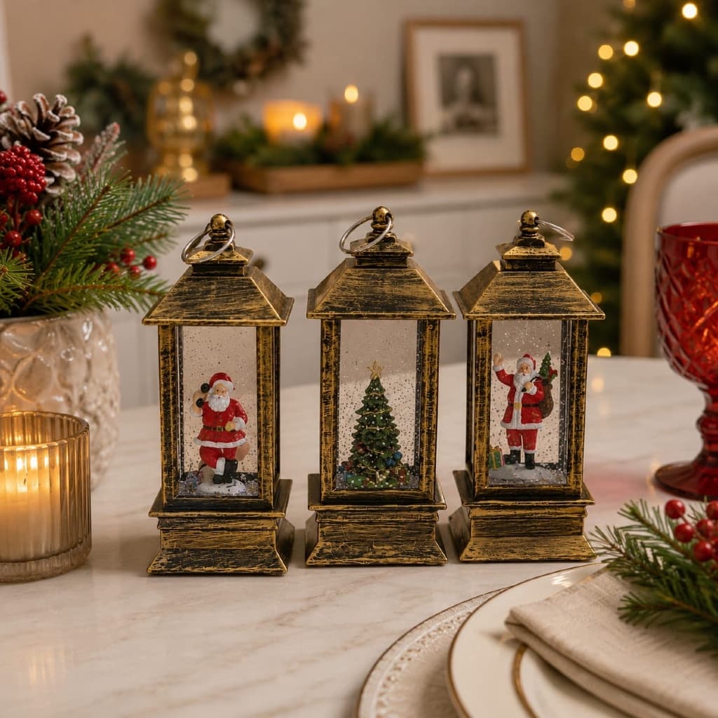 Lanterna Enfeite Natalino Com Led Luminária Decoração Natal Com Glitter
