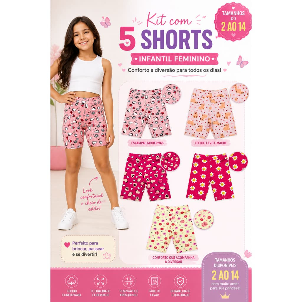 Kit com 5 Peças Shorts Feminino com Estampas Sortidas
