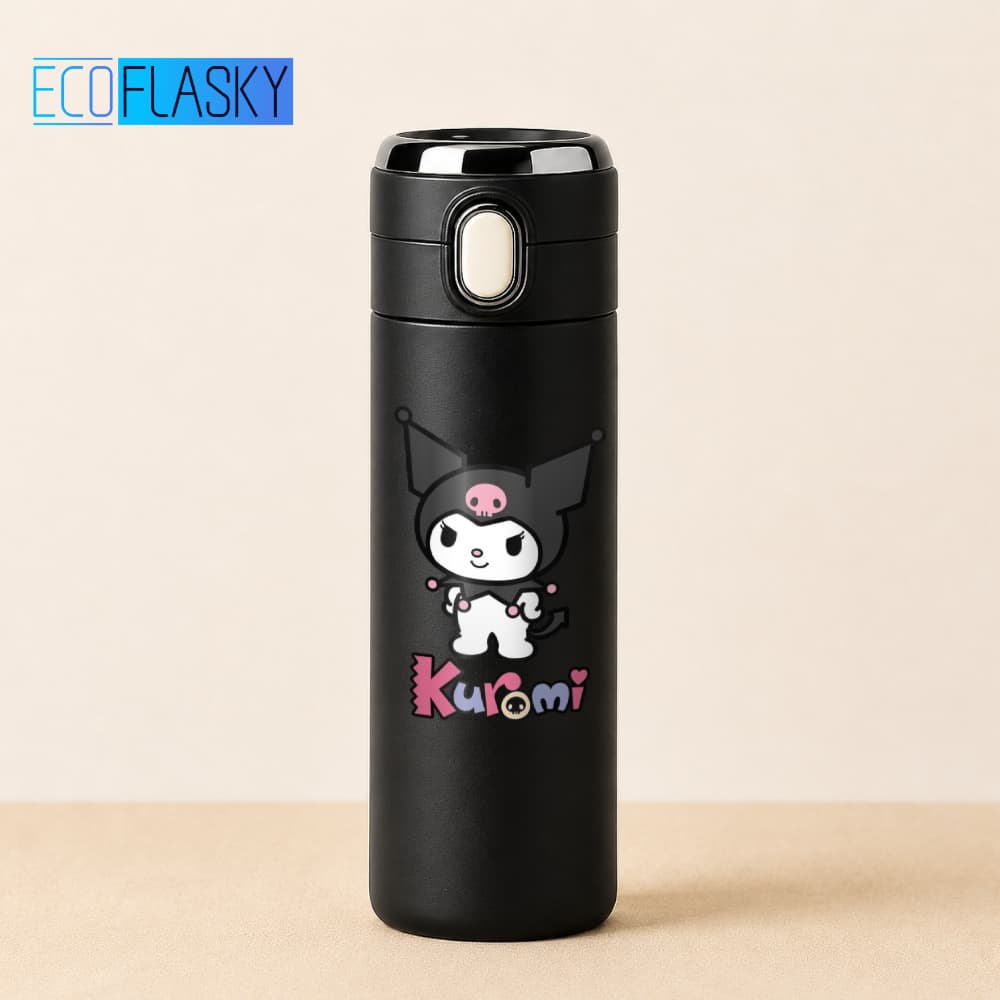 Garrafa Térmica De Água Infantil Aço Inox Kuromi Sanrio Estampada 420ml Termometro LED Digital