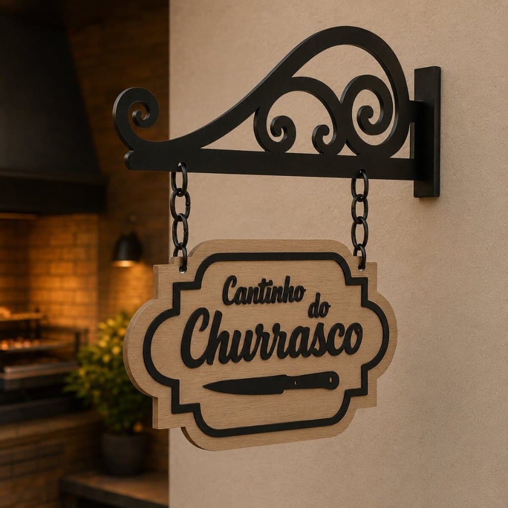 Placa Cantinho do Churrasco em MDF Decoração Artesanal com Suporte de Parede Incluso