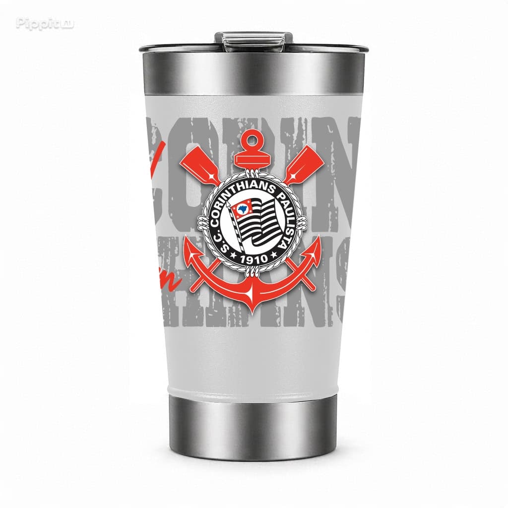 Copo Térmico Corinthians Fiel até o fim em Aço Inox com tampa e abridor 473ml