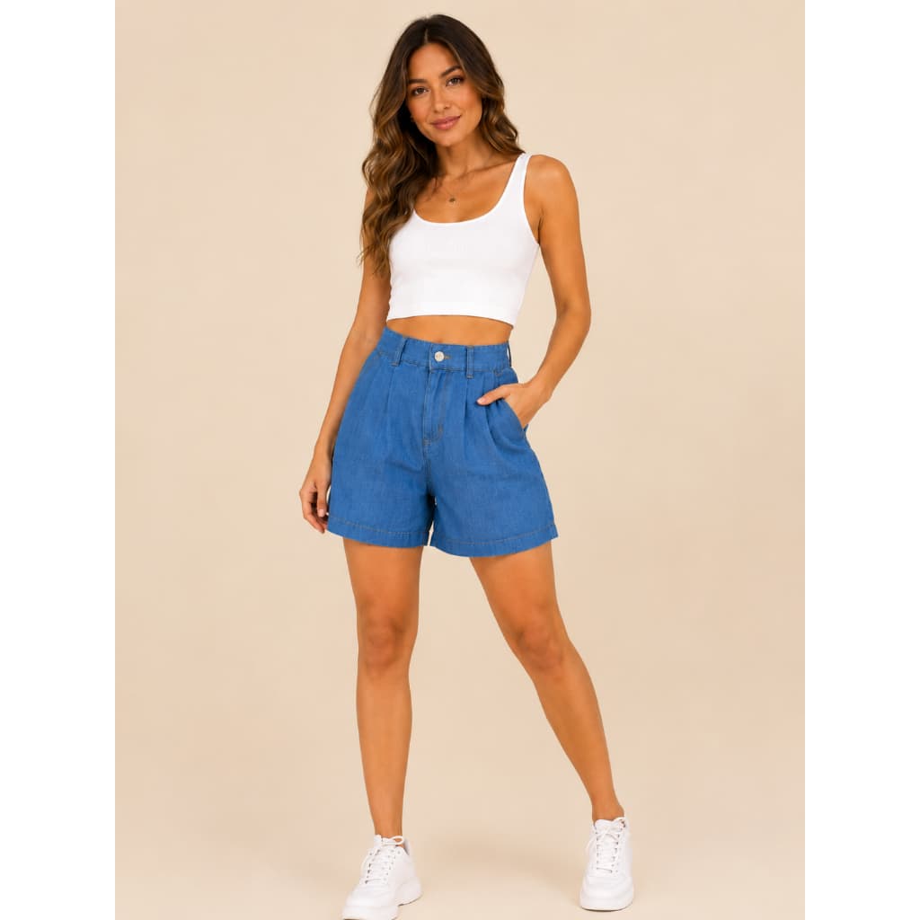 Shorts Azul Jeans Tecido Leve Com Bolsos