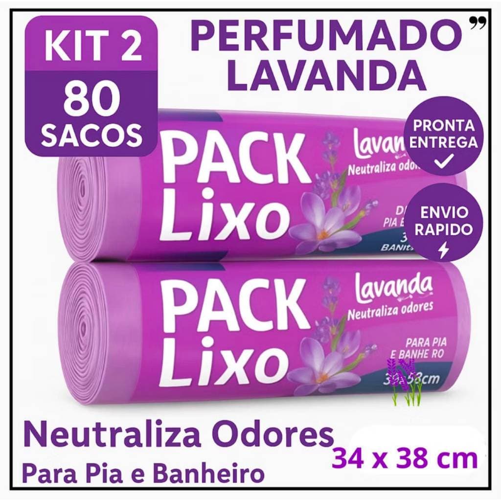 Saco de Lixo Perfumado Lavanda 80 Unidades Kit 2 Rolos Reforçado Para Pia Banheiro Cozinha 34x38cm Anti Odor Neutraliza