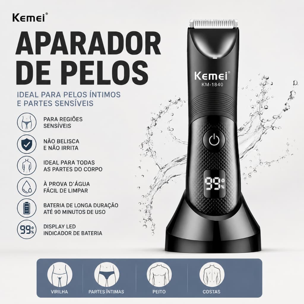 Aparador Pelos Íntimos Kemei Maquininha 1840 1838 Corpo Virilha Barba À Prova D Água Recarregável