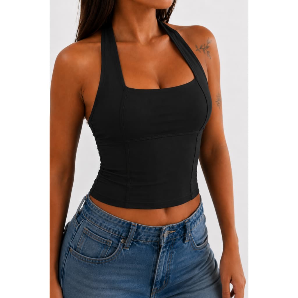 Blusa Feminina Top Halter Cropped Ajustado Decote Frente Única Costa nua Antonela