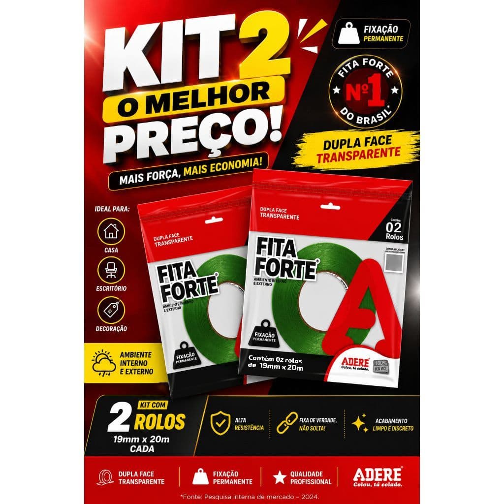Kit 2 Fita Forte Dupla Face Transparente Adere 19mm x 20m