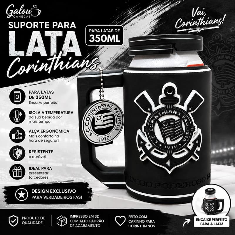 Suporte para Lata 350ml Corinthians com Tampa e Abridor | Porta Lata com Alça | Presente para Torcedor