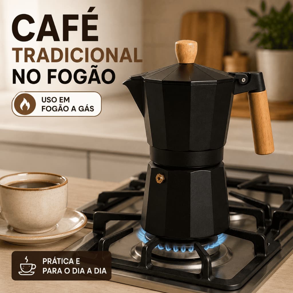 Cafeteira Italiana Moka 6 Xícaras 300ml Alumínio Cabo Madeira Para Fogão A Gás Café Encorpado