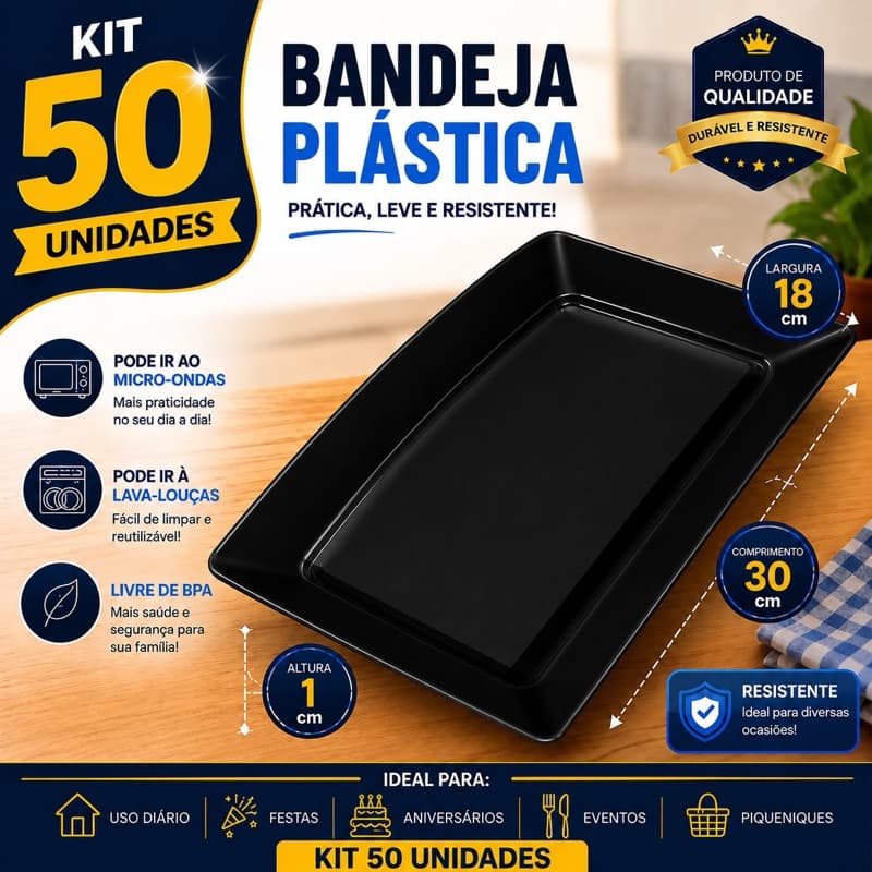 kit 50 Bandejas  Petisqueira Preto Plástico Restaurantes Lanchonete Festa Churrasco Casa Espetinho