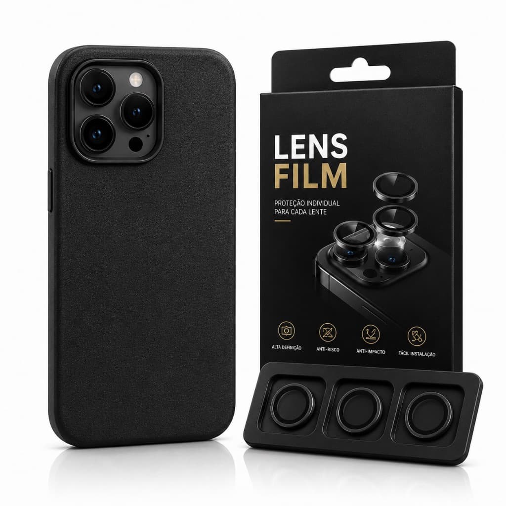 Kit Capa Capinha Case Couro + Película Lente Individual Para iPhone 16, 16 Pro, 16 Pro Max, 17, 17 Pro, 17 Pro Max