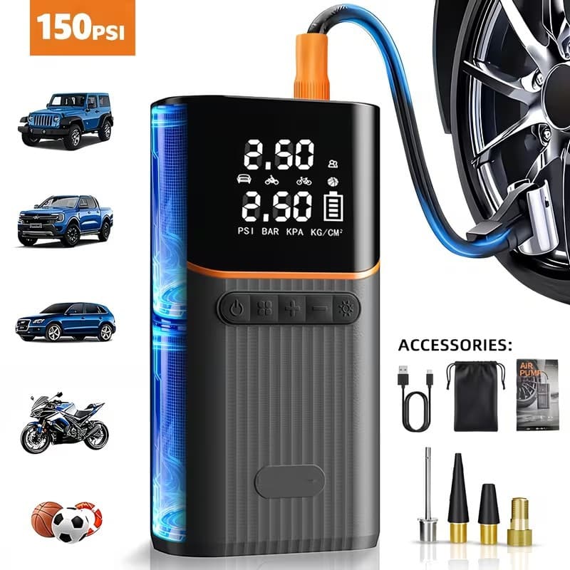Compressor de ar portátil, multifuncional, cinco em um, fonte de energia móvel de emergência com bateria de 6 kmAh.