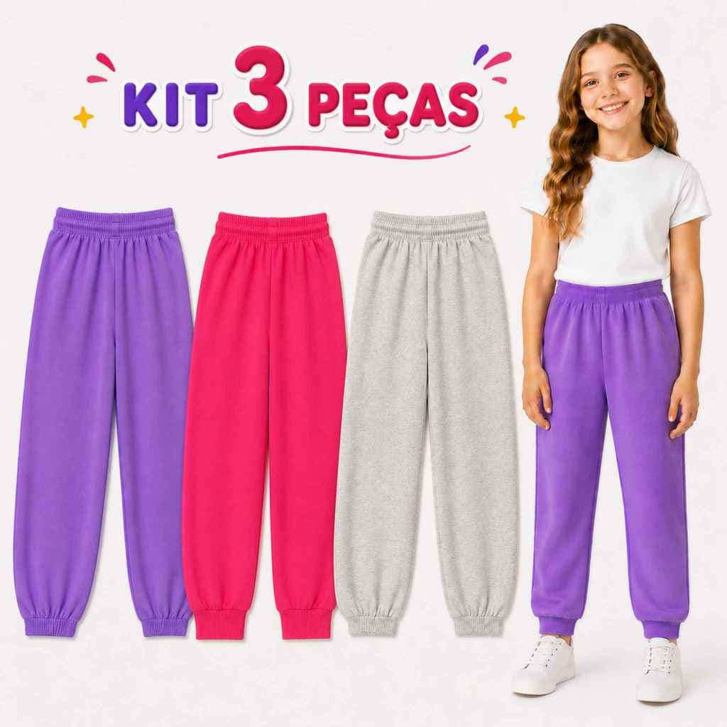 Kit Sortido 3 Calças Moletom Infatil Peluciada Feminina/Menina Elastico Na Cintura Quentinha Inverno
