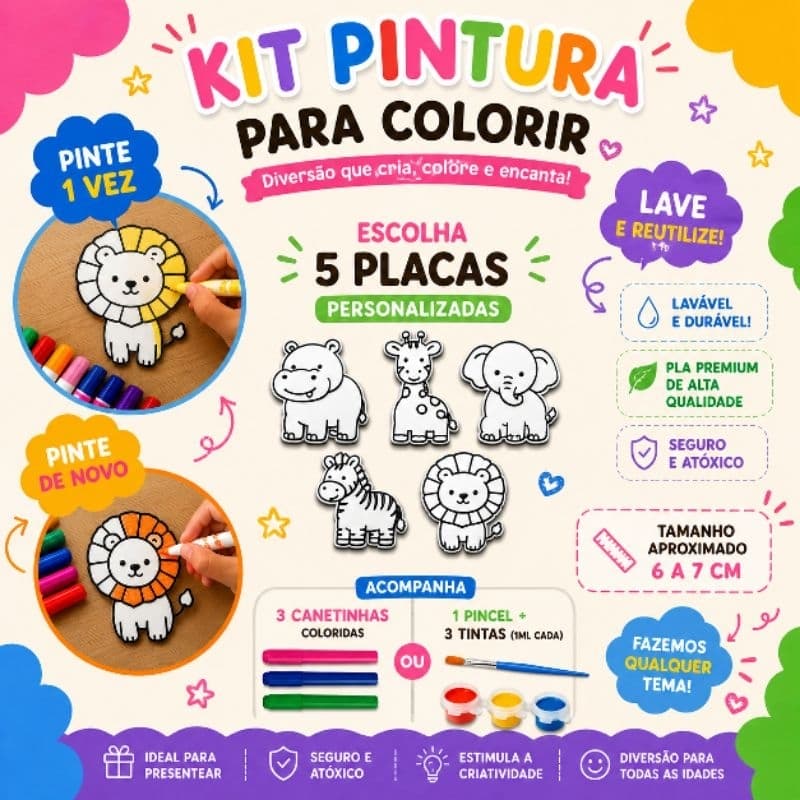 Kit Pintura para Colorir Personalizado | 5 Placas + Canetinhas ou Tintas