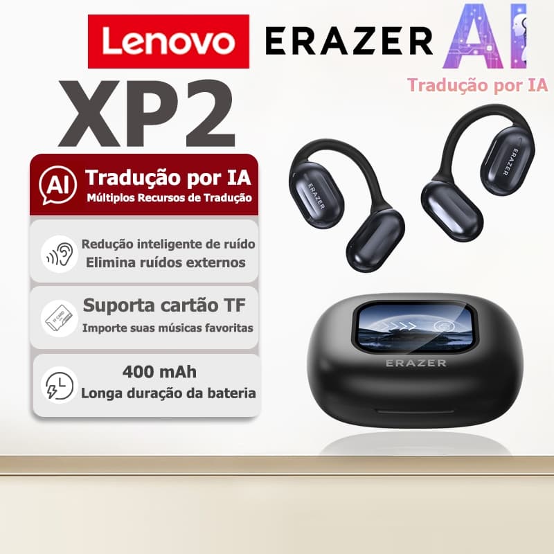 Fone Bluetooth Lenovo ERAZER XP2 com tradução por IA, suporta cartão TF, Bluetooth 6.0, estojo carregador com tela multi