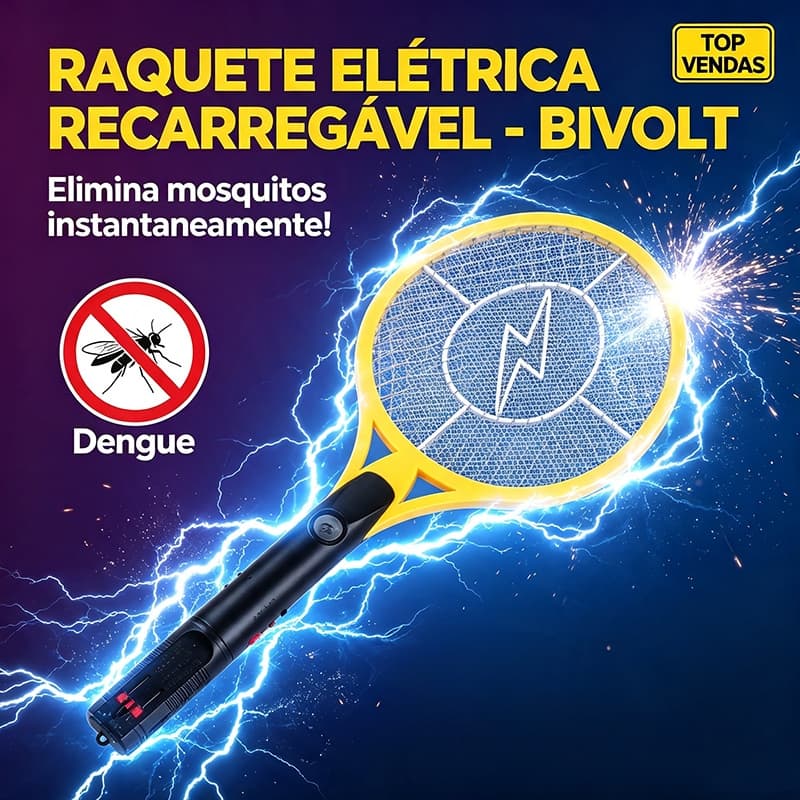 Raquete Elétrica Recarregável Bivolt Mata Mosquito Elimina Mosquitos Instantaneamente Proteção Contra Dengue Segura para