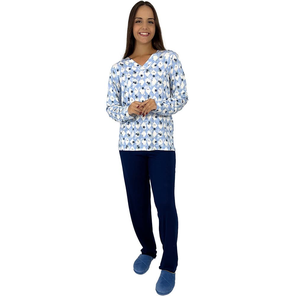 Pijama Feminino Longo Manga Longa Gola V Blusa Estampada Calça Lisa Conjunto Confortável de Inverno