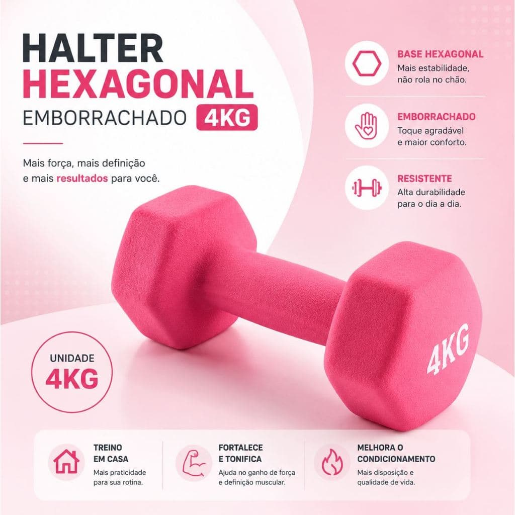 HALTER de 4 KG Emborrachado Antiderrapante Cor PINK - Para Treinos em Casa, Ar livre e Academia