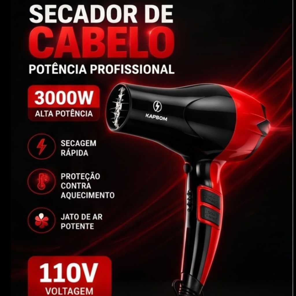 Secador de Cabelo Profissional 3000W Kapbom 110V Motor AC Jato Frio 2 Velocidades 3 Temperaturas Secagem Rápida