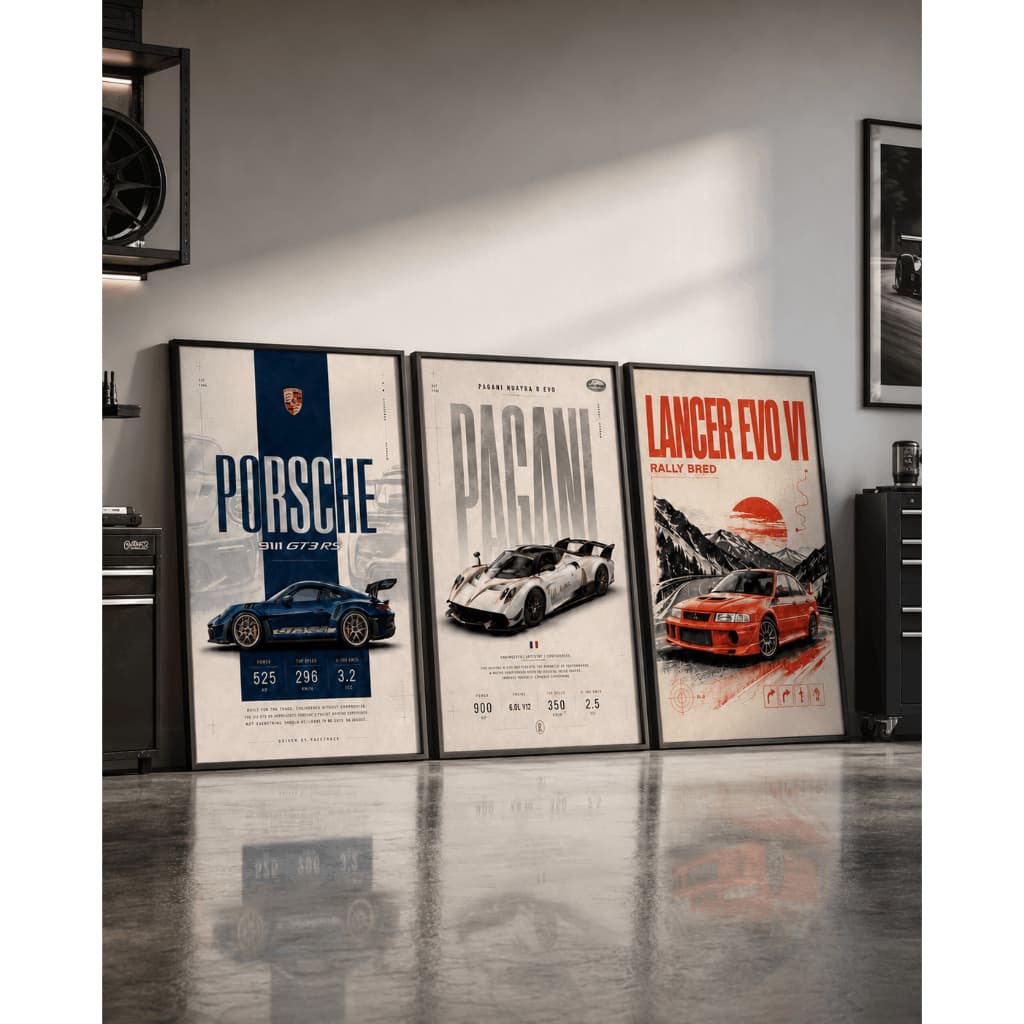 Kit 3 Quadros Decorativos Carros Porsche Pagani e Lancer Evo para Quarto Gamer e Garagem