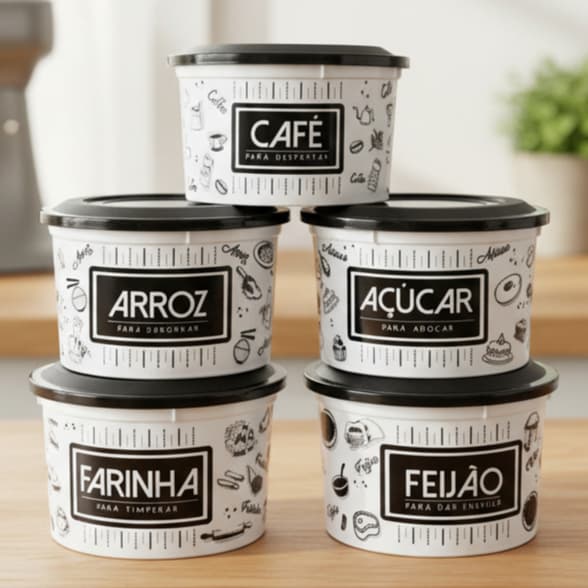 Kit 5 Potes de Mantimentos Cozinha 2L – Decoração preto e branco