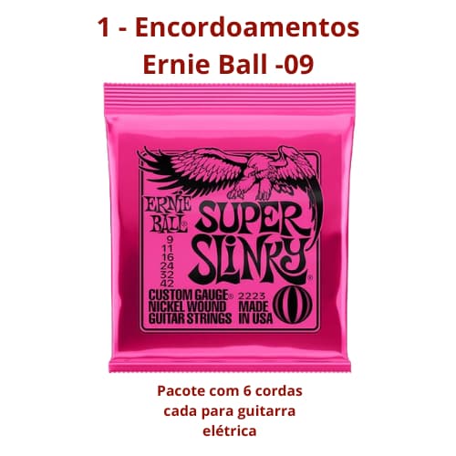 Cordas de Guitarra Ernie Ball, Super Slinky - 2223 - Palheta de Brinde - encordoamento 09 Extra Light